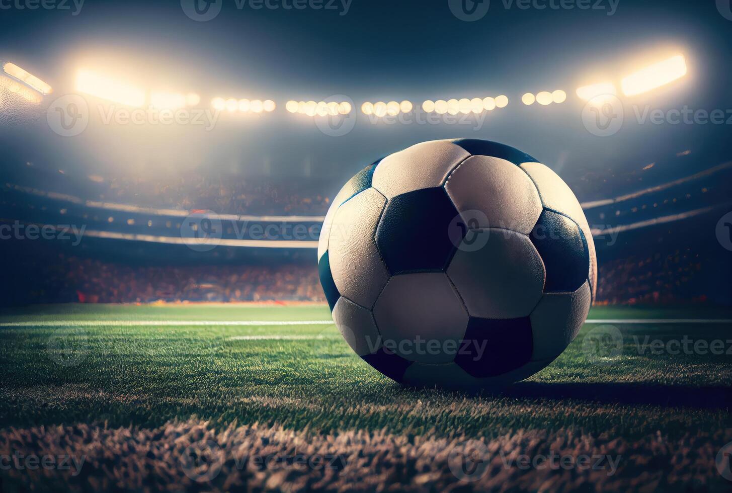 Soccer ball on grass field in stadium. Sport and game concept. photo