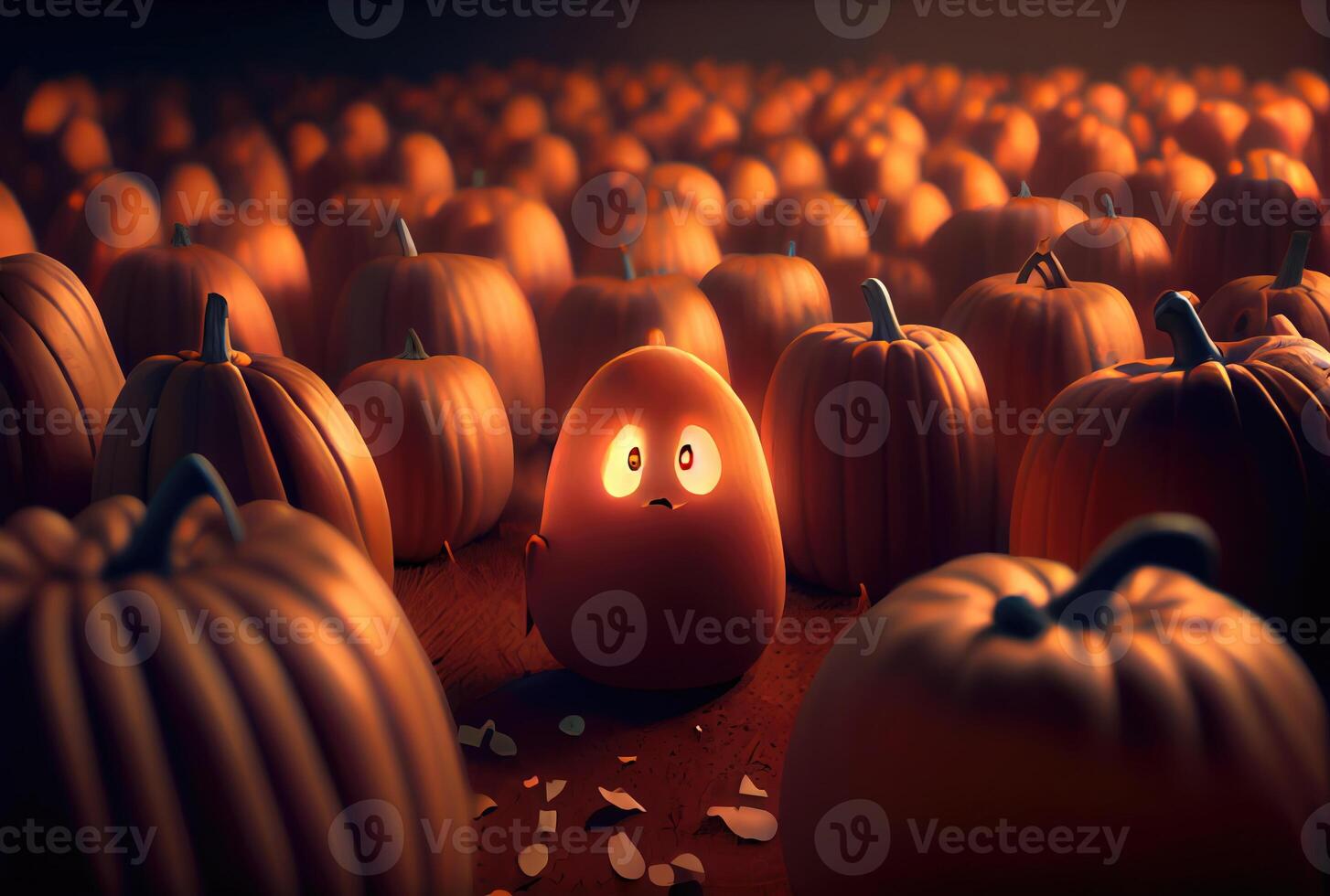 A cute pumpkin among other scary and unknown pumpkins in dark Halloween party. Mystery and spooky concept. photo
