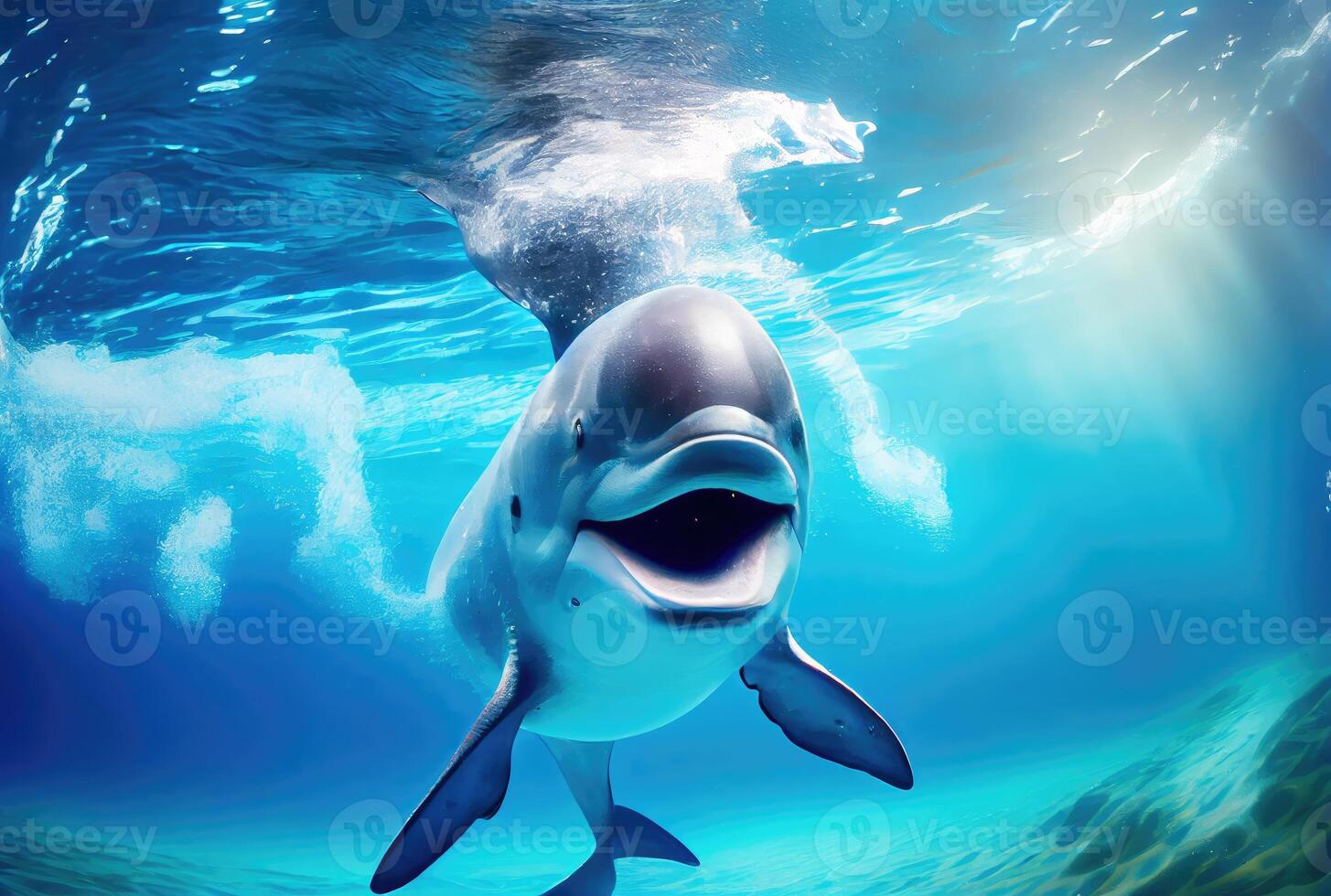 Happy dolphin swimming in the aquarium or sea background. Marine life and animal concept. Digital art illustration. photo