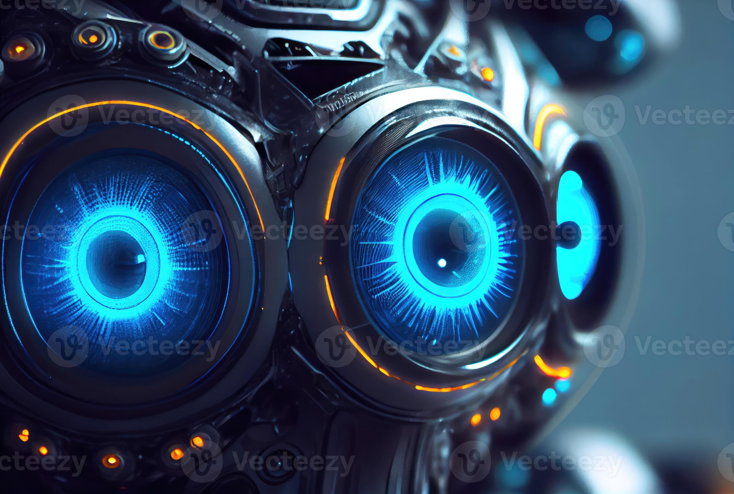 Closeup of blue robot eyes with metallic structure background ...