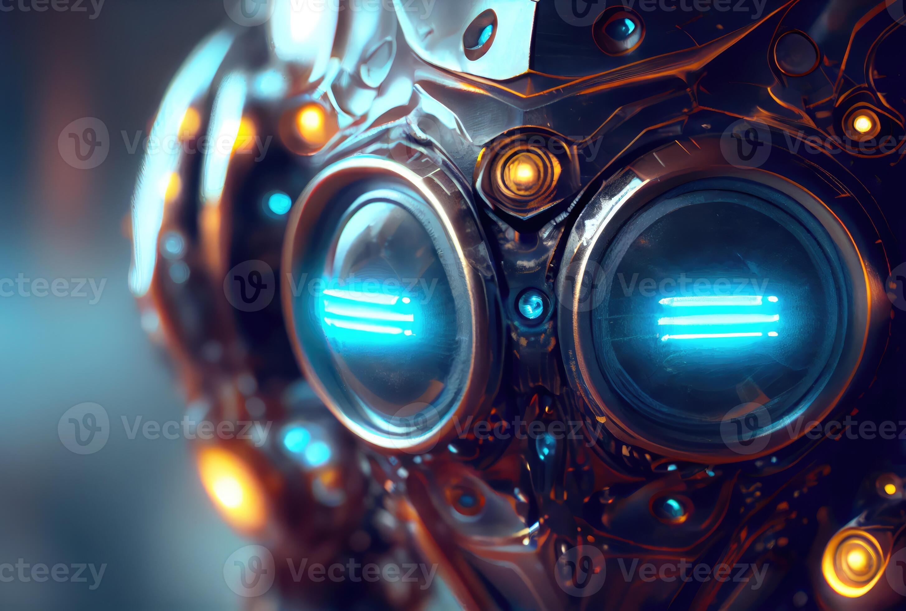 Closeup of blue robot eyes with metallic structure. Technology and ...