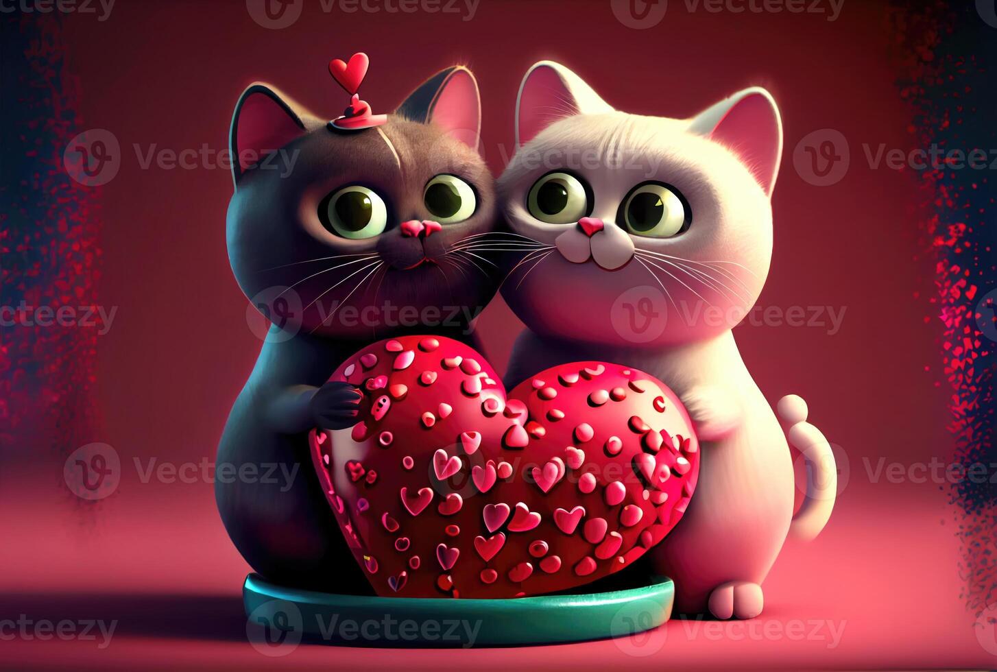 Cute cat couple with red heart for Valentines day. Love and lover concept. photo