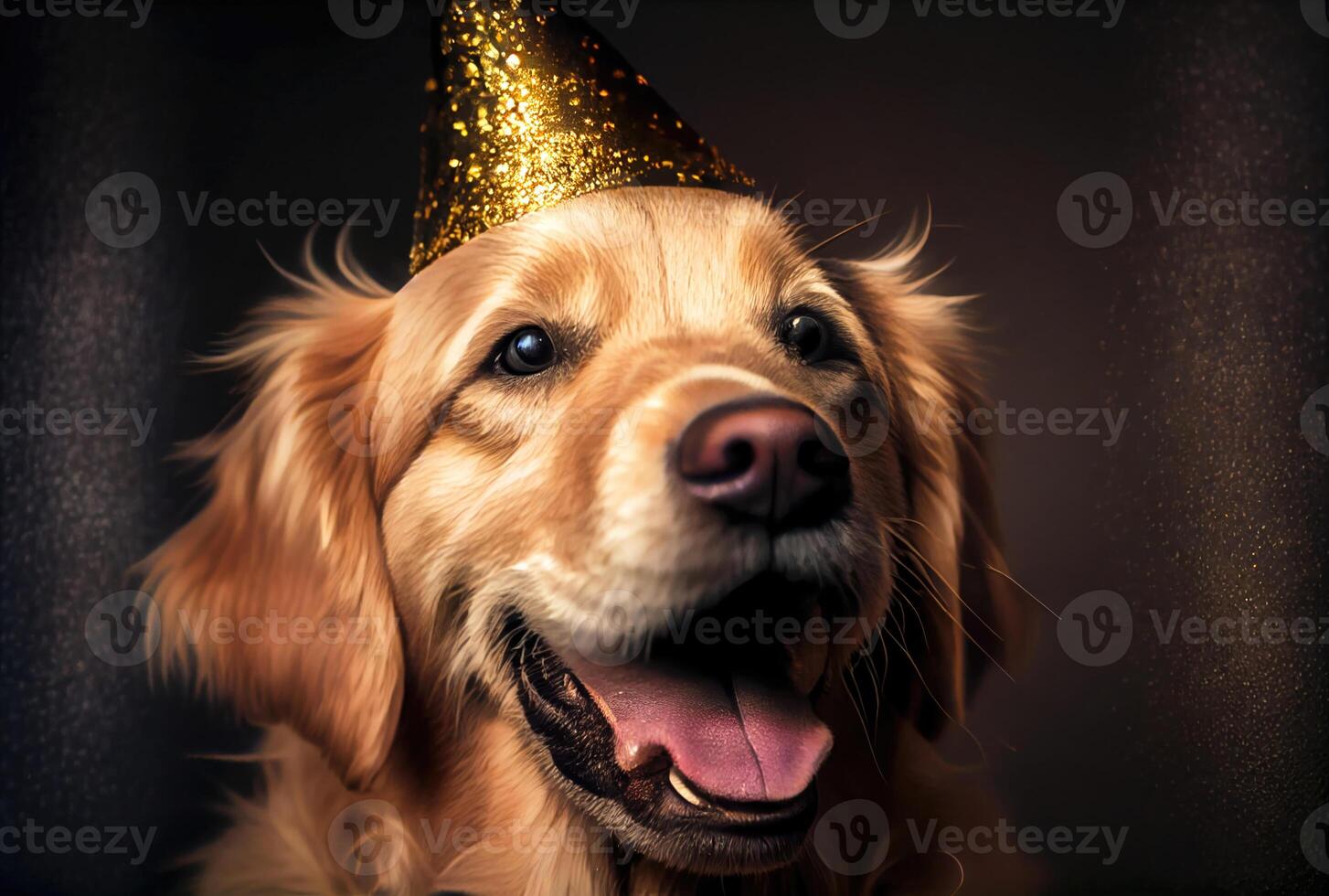 Closeup of portrait happy Golden Retriever dog wearing party hat for celebration with bokeh background. Animal and pet concept. photo