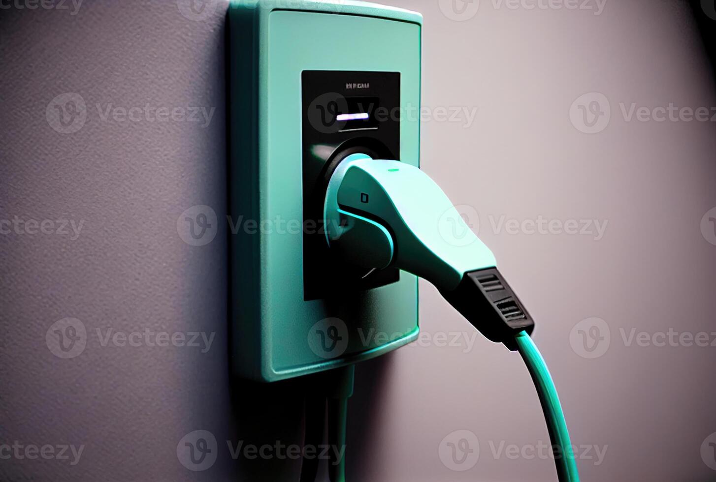 EV car plug charger on building wall at house. Technology and transportation concept. photo