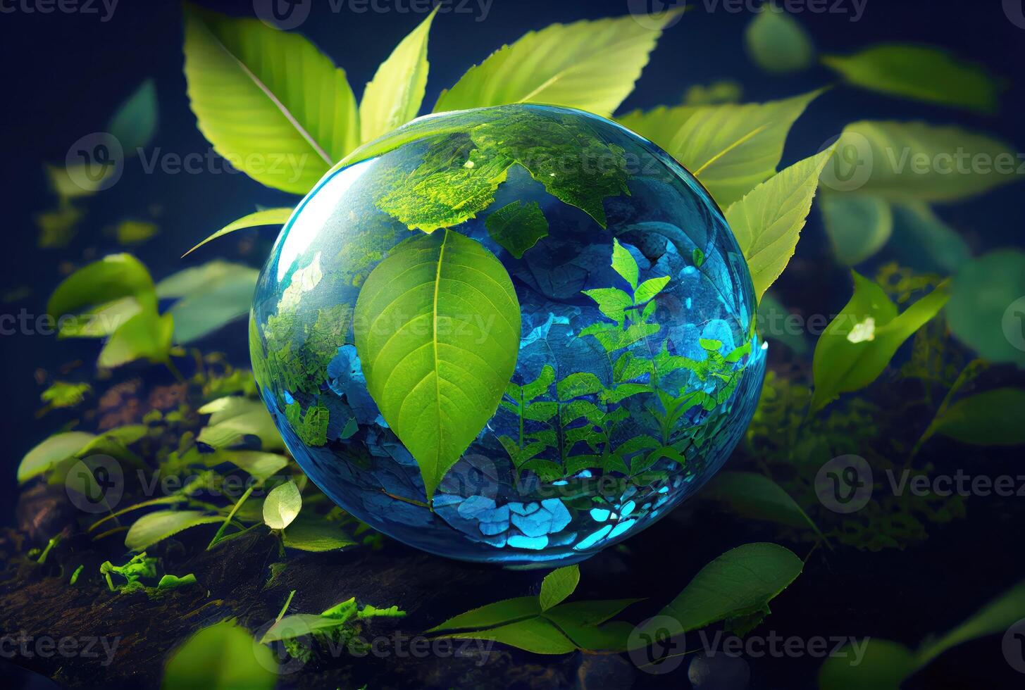 Water drop in earth shape with green leaves in the jungle. World Environment Day and World Water Day concept. Environmental protection theme. photo