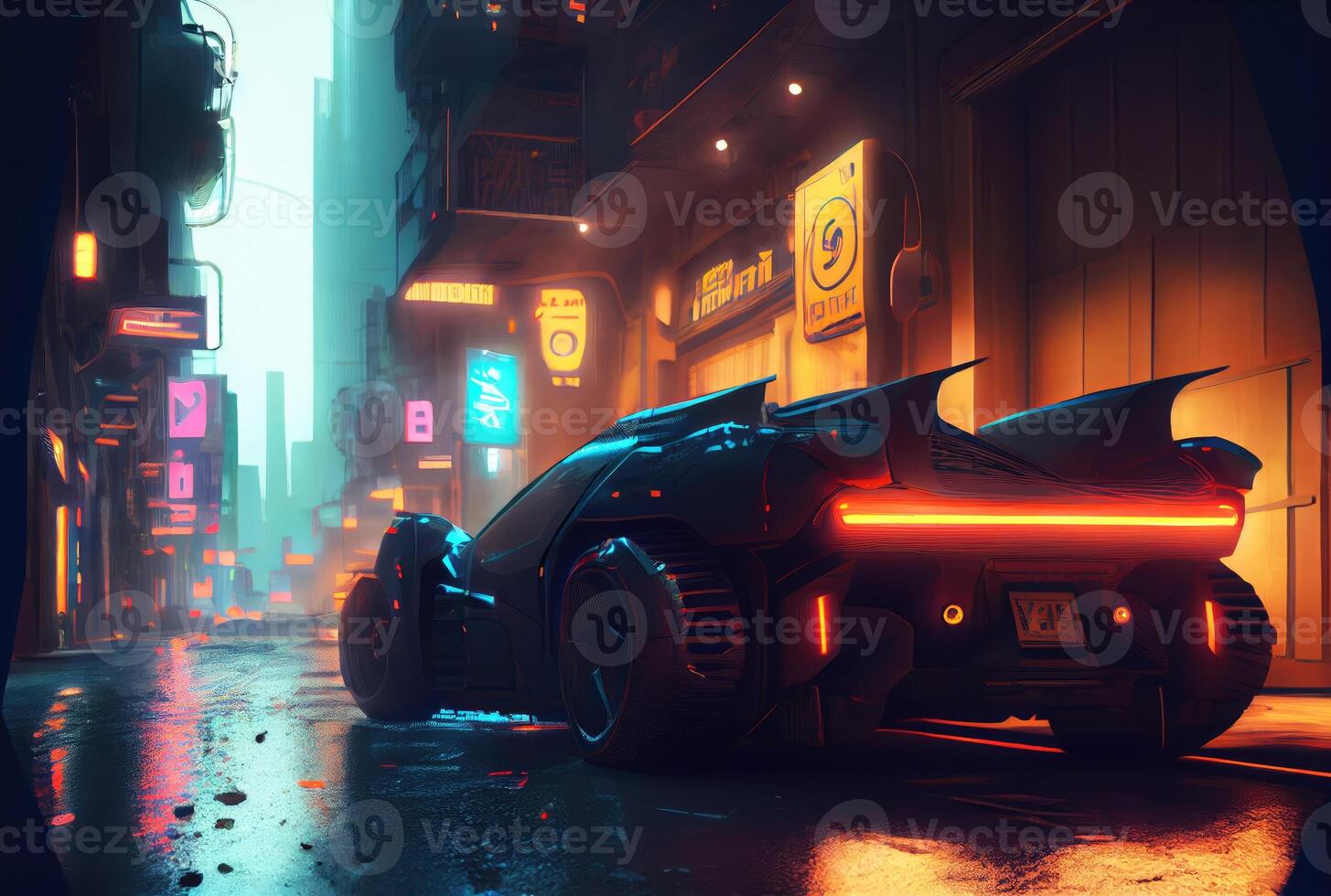 Futuristics car model in orange blue and pink color cyberpunk in dark city downtown background. Transportation and Innovative technology concept. Digital art fantasy illustration. photo