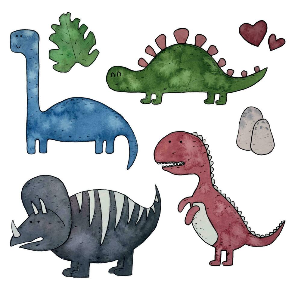 watercolor set of dinosaur characters vector