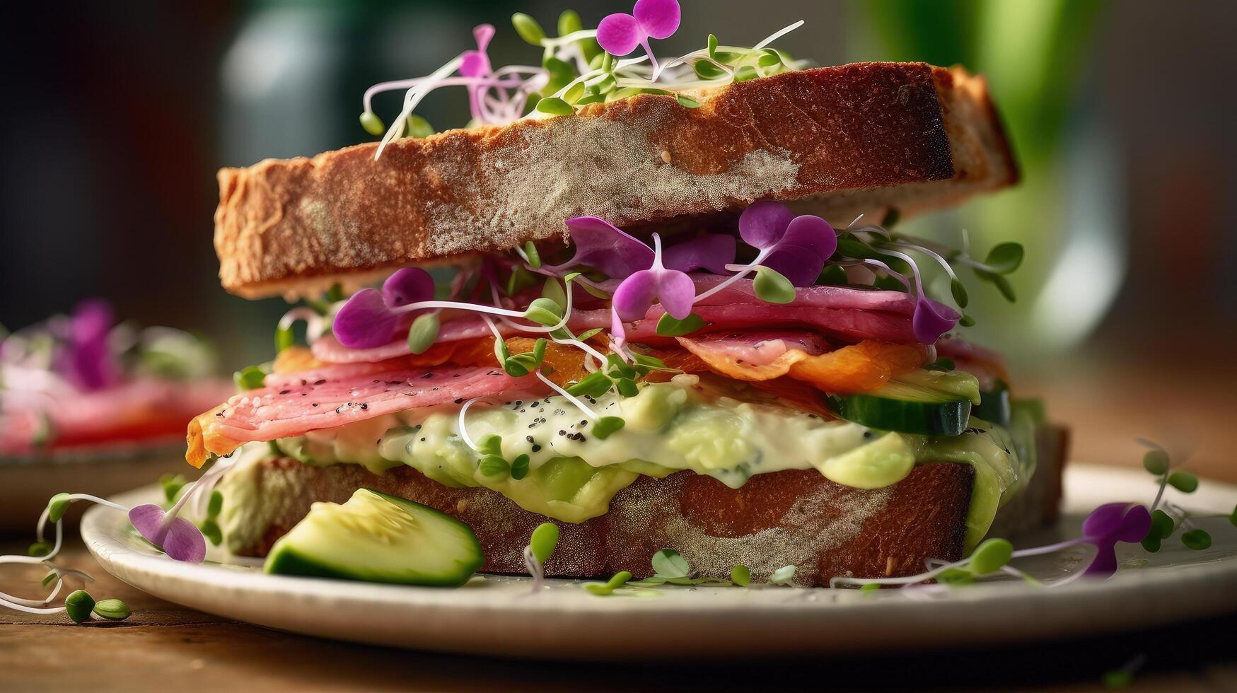 Vegetarian sandwich made with sourdough bread, avocado creme, cucumber, radish and remoulade sauce Illustration photo