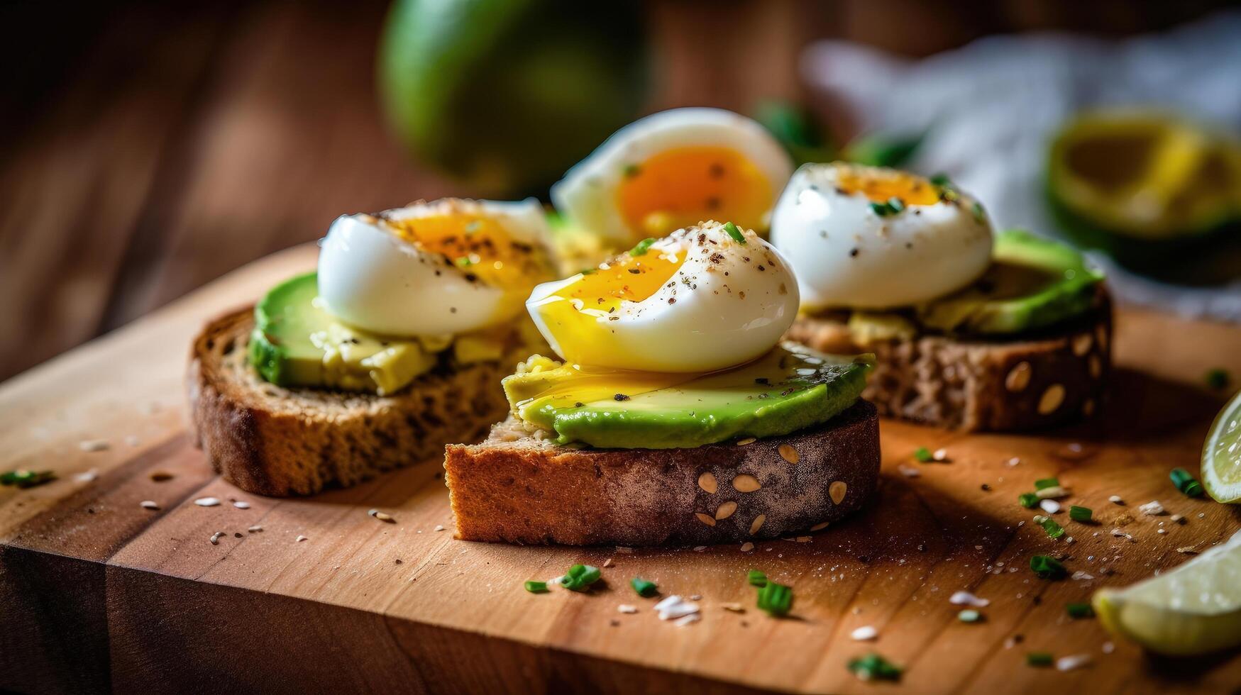 emparedados con palta, escalfado huevo, ilustración ai generativo foto