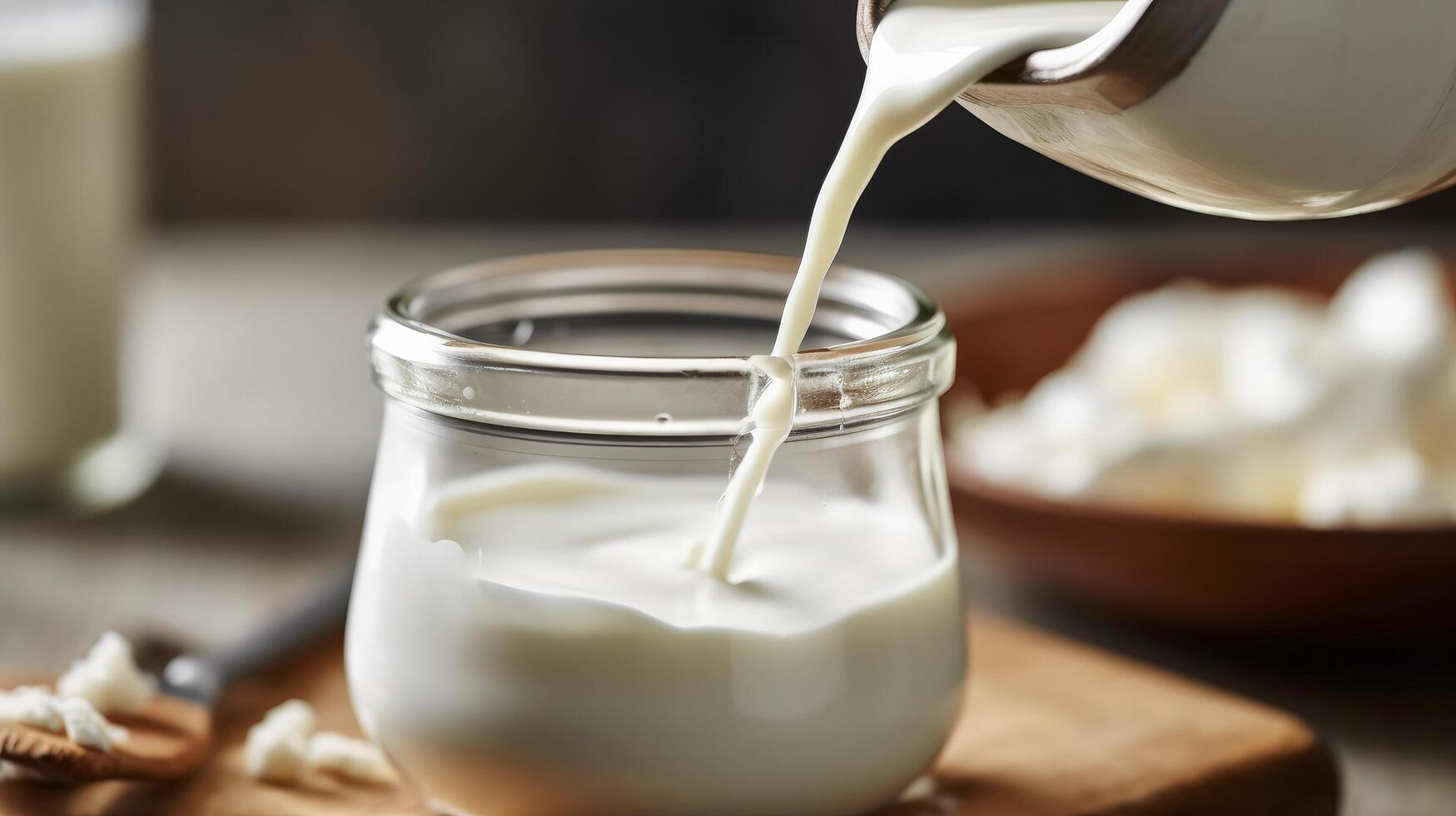 Pouring homemade kefir, buttermilk or yogurt with probiotics Illustration photo