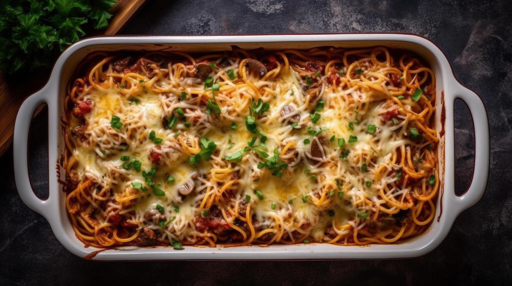 Homemade Spaghetti Breakfast Casserole in a Baking Dish. Illustration photo