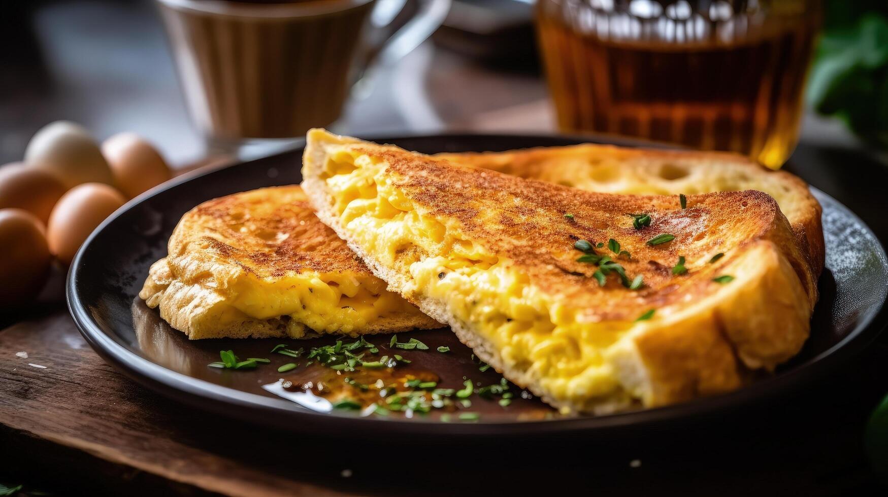 Breakfast of omelet, bread and coffee Illustration photo