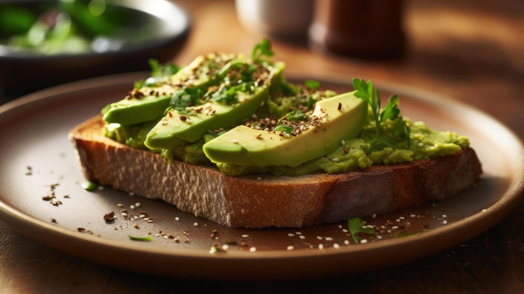 aguacate brindis en un blanco plato en un rústico de madera mesa ilustración ai generativo foto