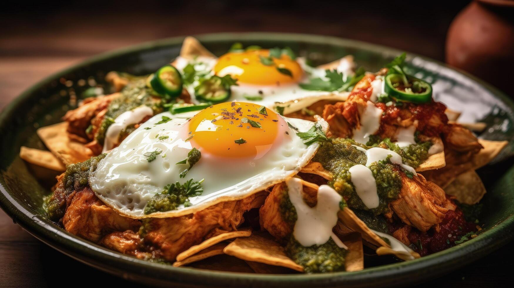Mexican chilaquiles with fried egg, chicken and spicy green sauce Illustration photo