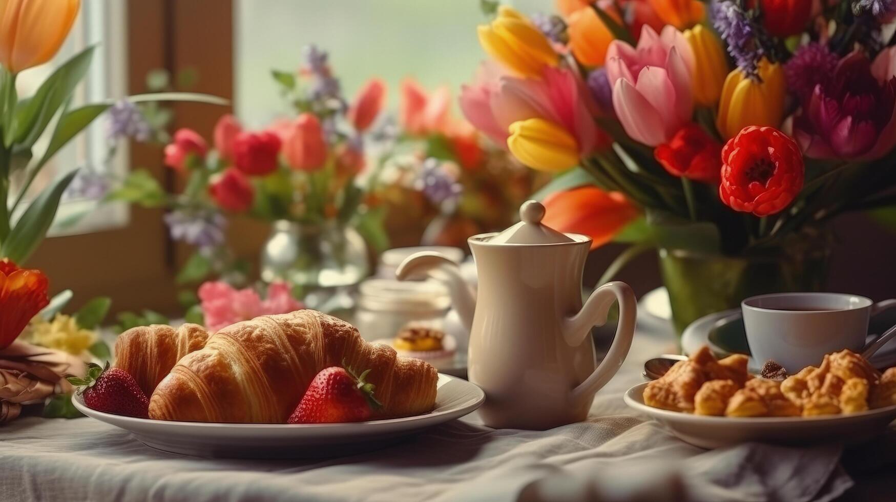 Beautiful breakfast, lunch with cup of coffee and fresh croissants, tulips Illustration photo