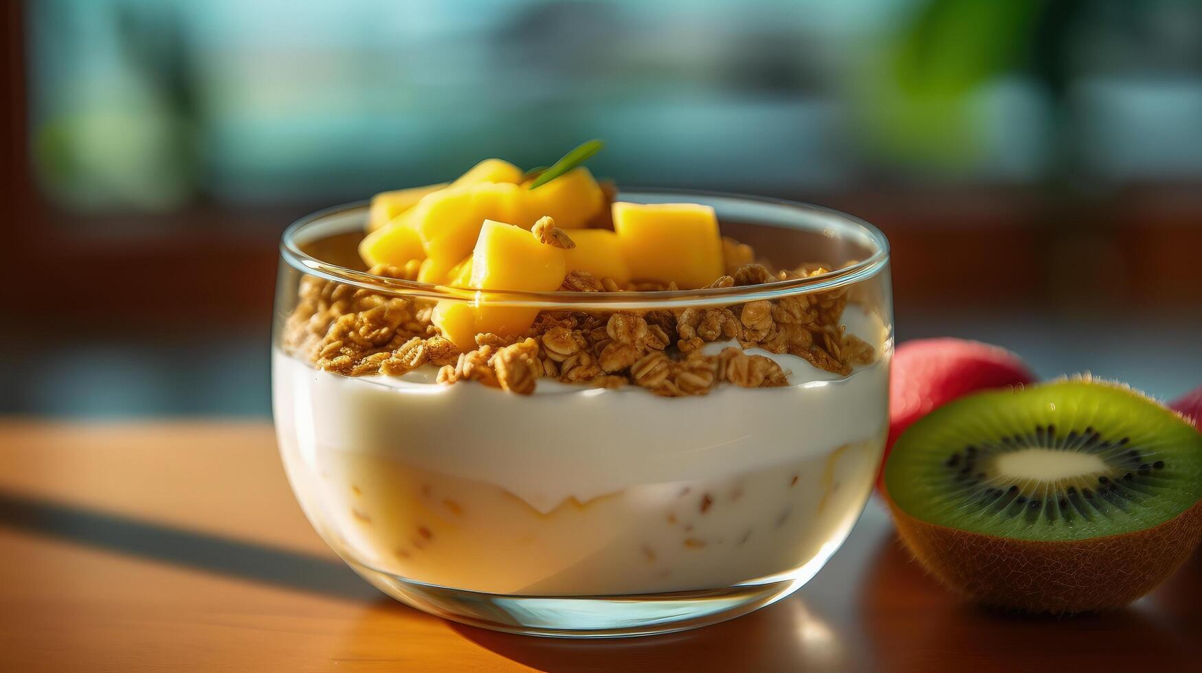 Mango yogurt with granola and kiwi in wooden bowl Illustration photo