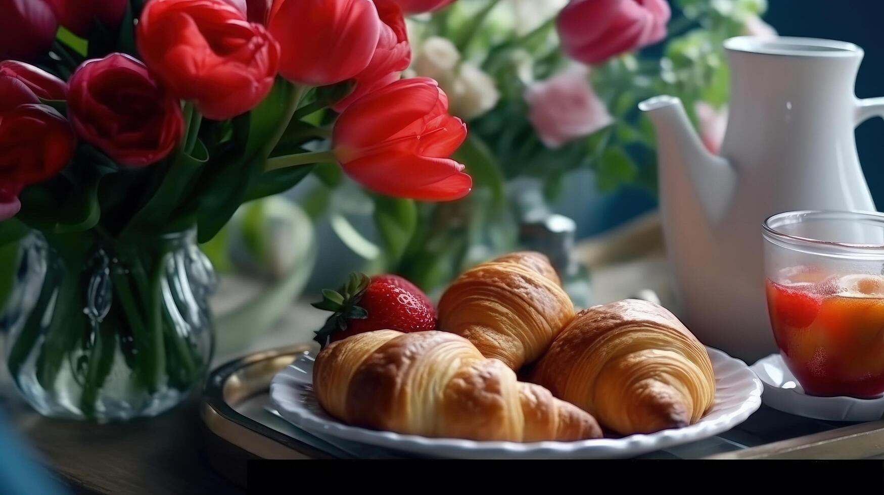 hermosa desayuno, almuerzo con taza de café y Fresco cruasanes, tulipanes ilustración ai generativo foto