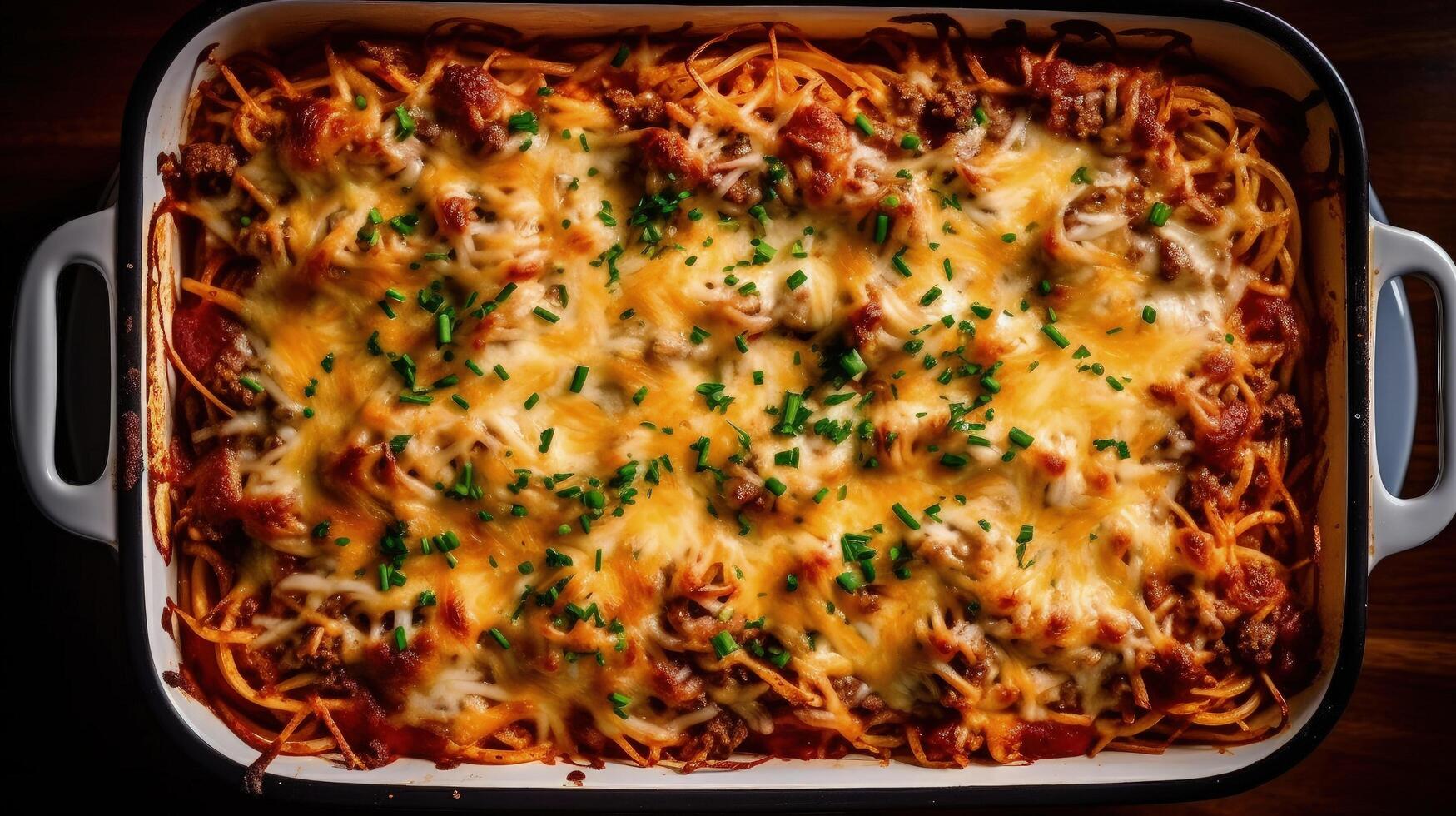 Homemade Spaghetti Breakfast Casserole in a Baking Dish. Illustration photo