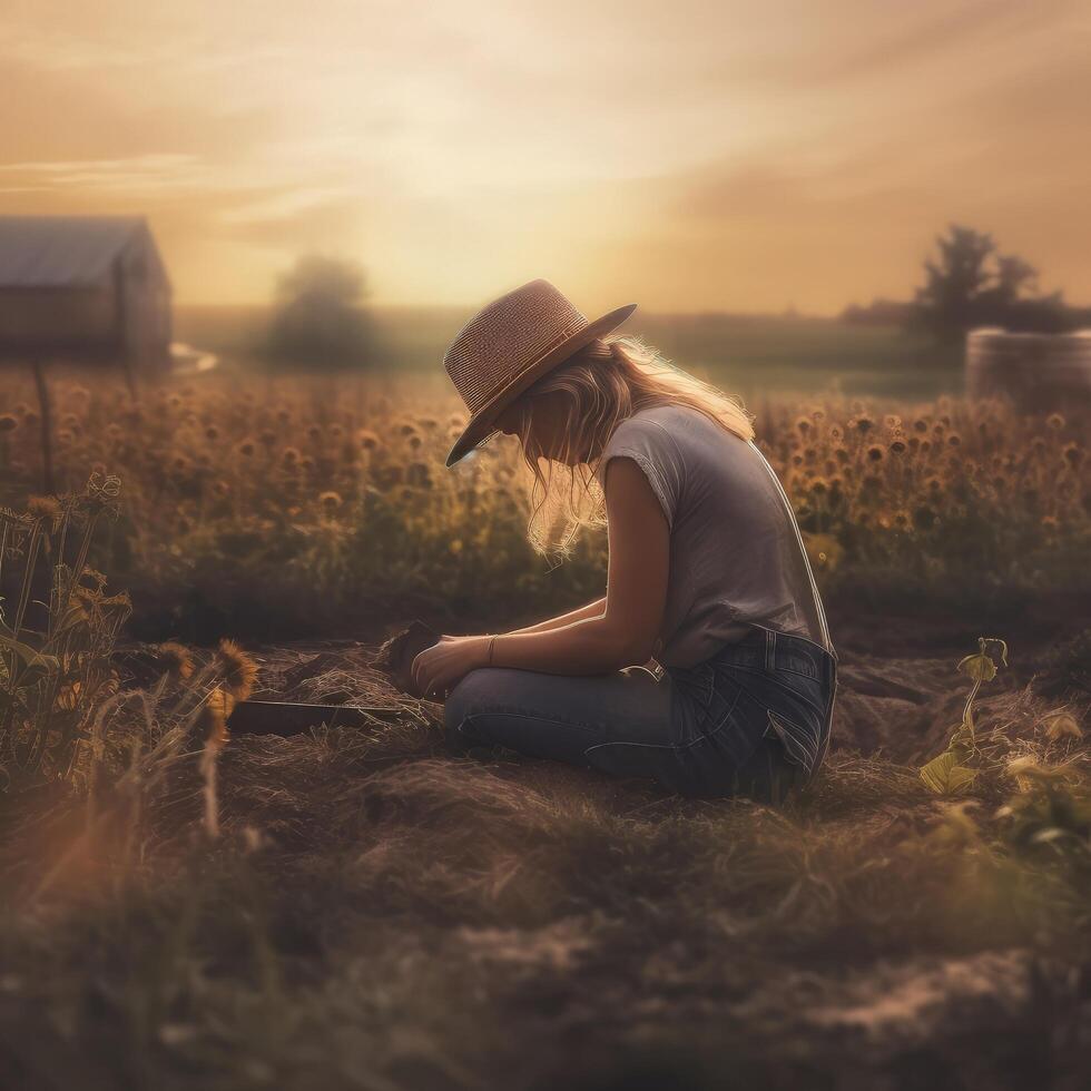 Girl working in garden. Illustration photo