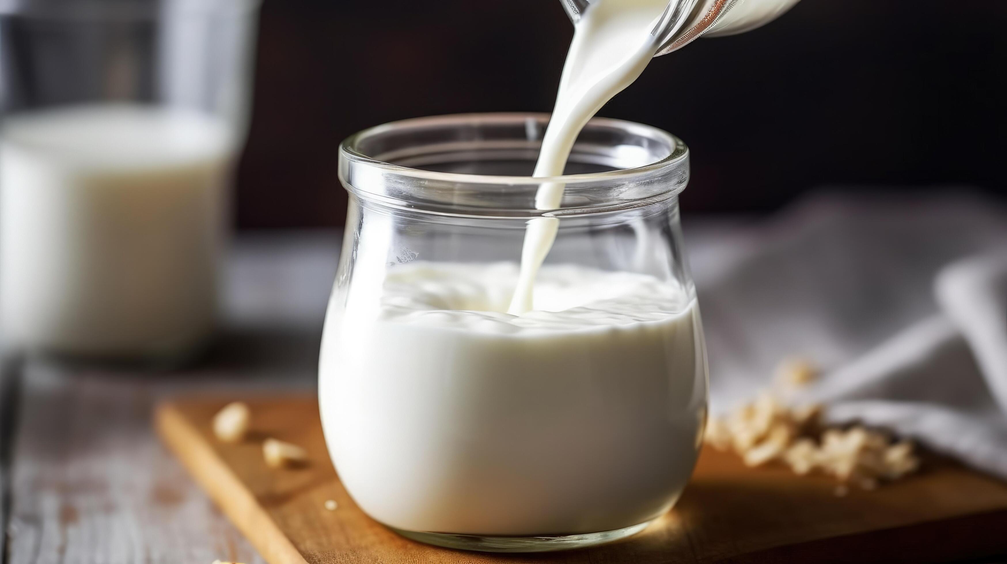 Pouring homemade kefir, buttermilk or yogurt with probiotics