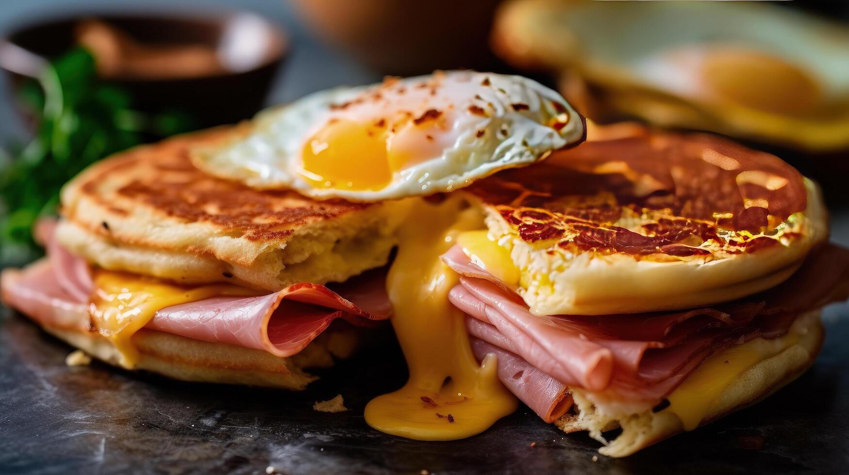 Classic Ham and Egg Breakfast Sandwich with Cheese on a Toasted English Muffin Illustration photo