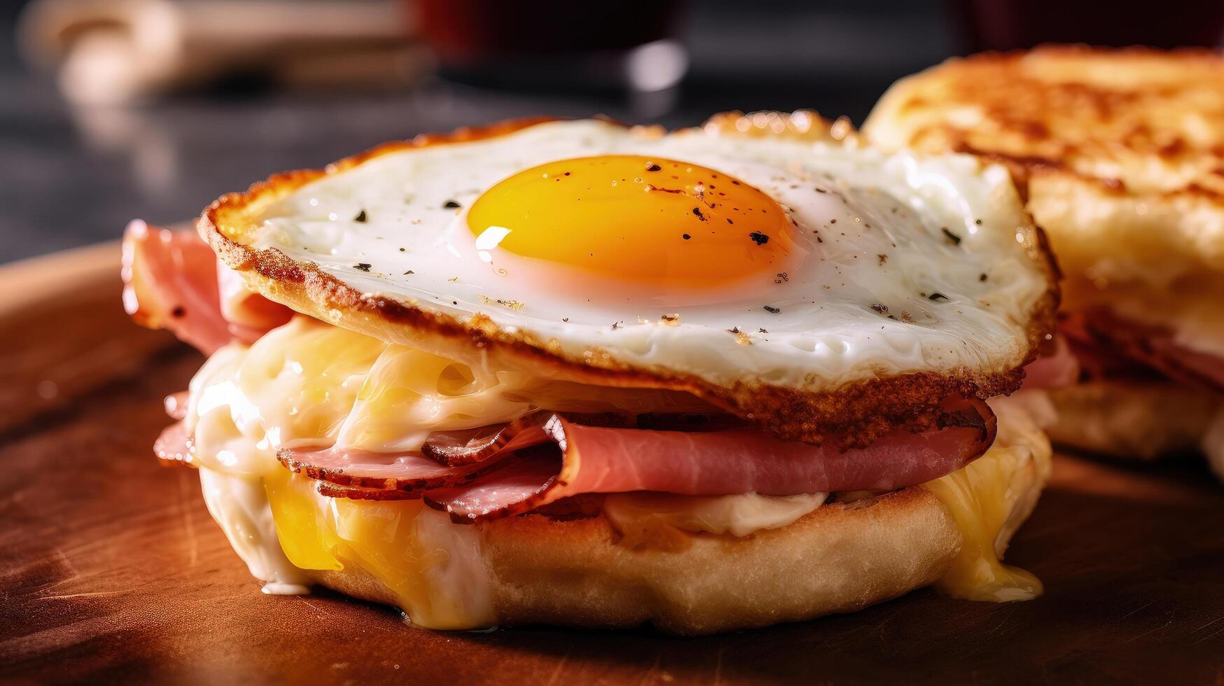 Classic Ham and Egg Breakfast Sandwich with Cheese on a Toasted English Muffin Illustration photo