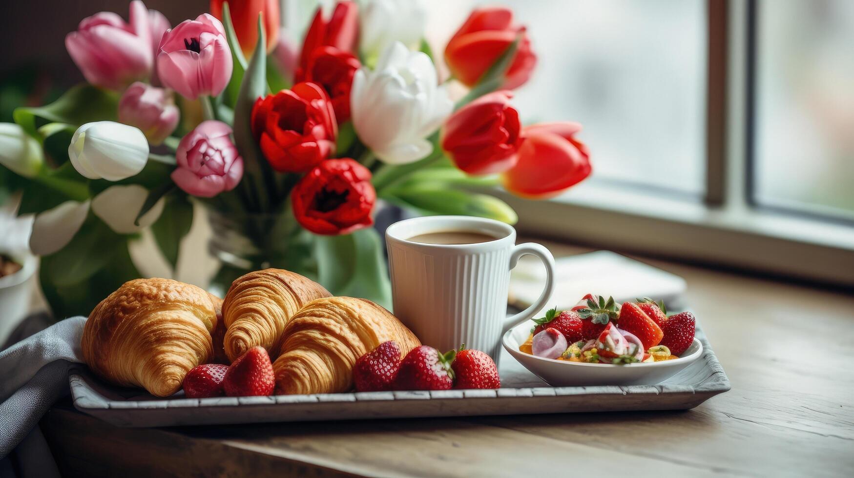 Beautiful breakfast, lunch with cup of coffee and fresh croissants, tulips Illustration photo