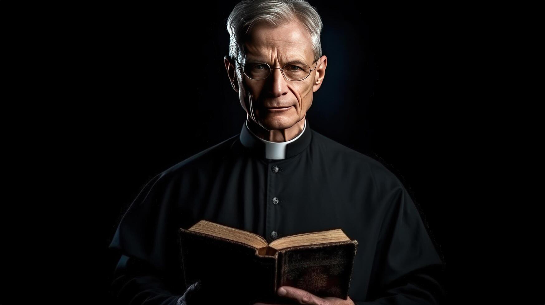 Priest with old Bible on black background, Illustration photo