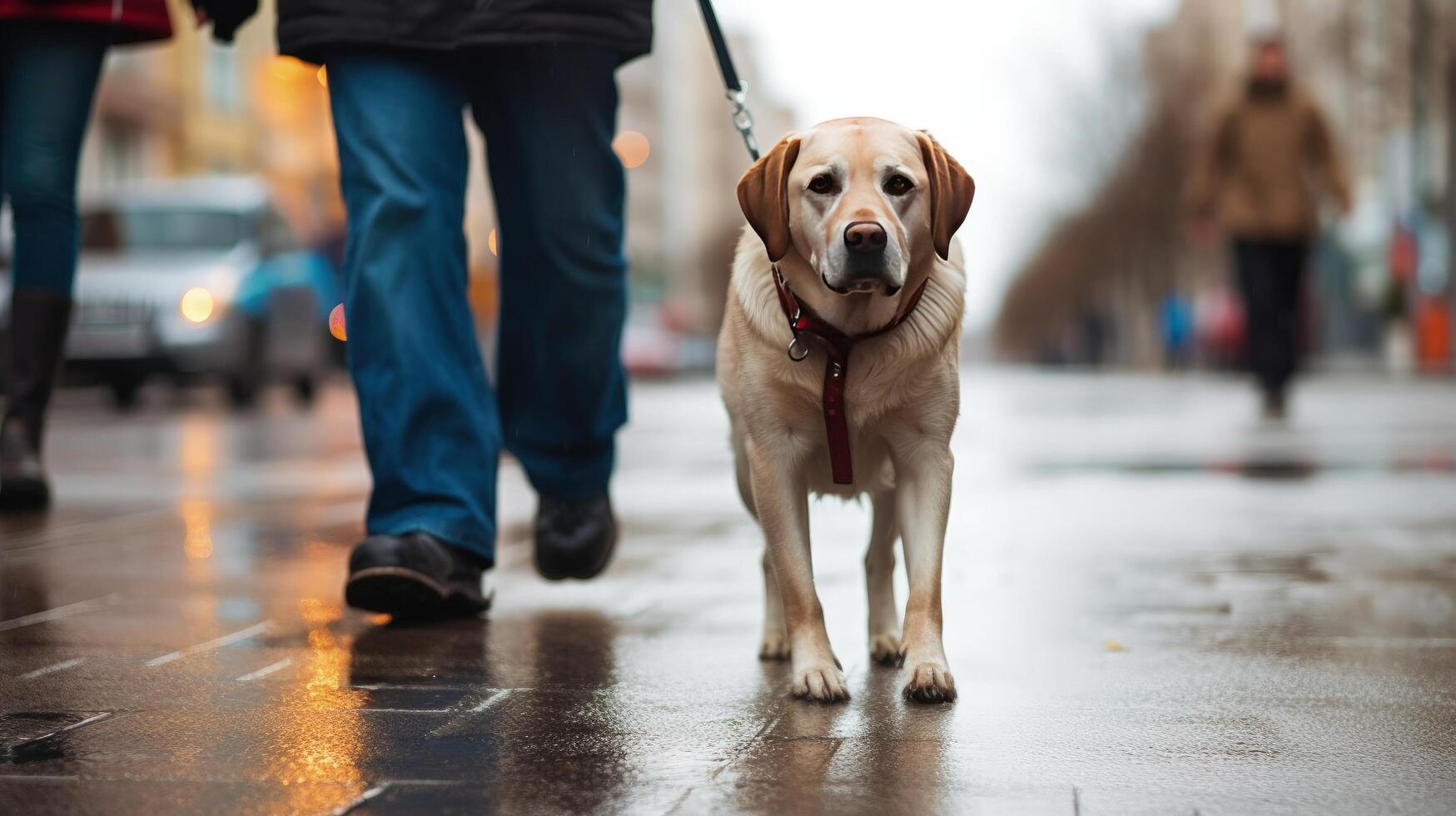 Owner and dog walking in city. Illustration photo