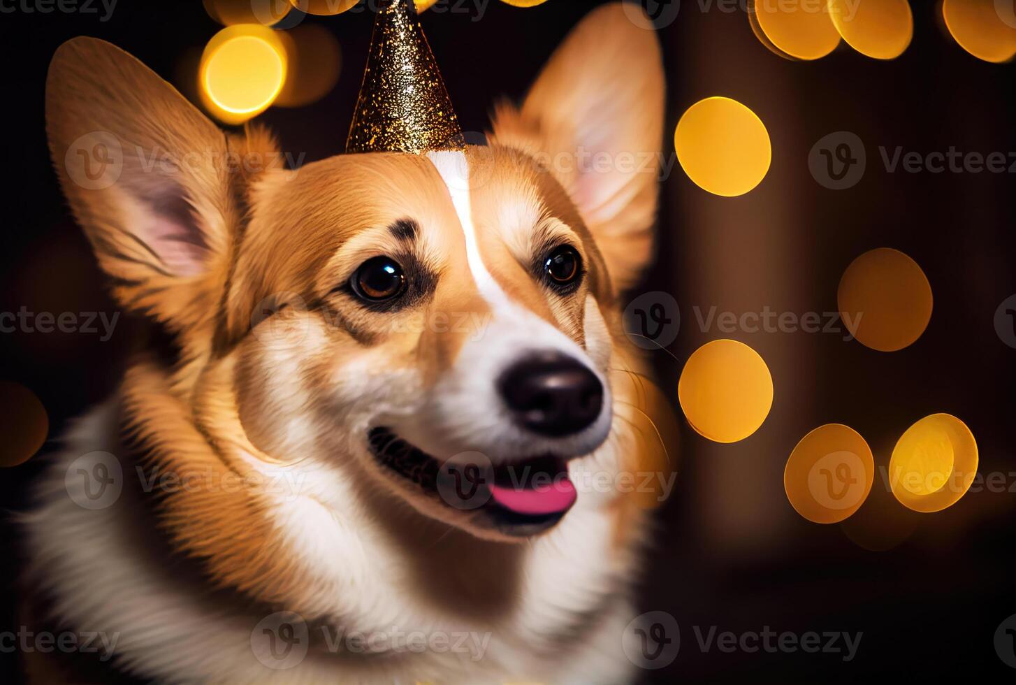 Happy Corgi dog in party with bokeh light background. Animal and pet concept. photo