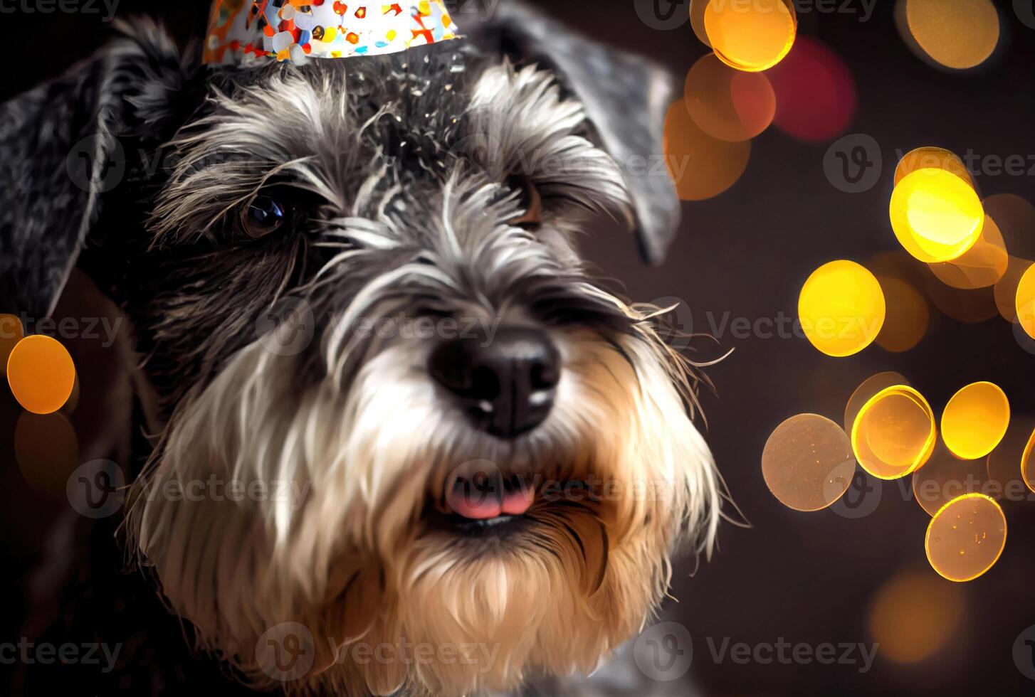 Happy Schnauzer dog in party with bokeh light background. Animal and pet concept. photo