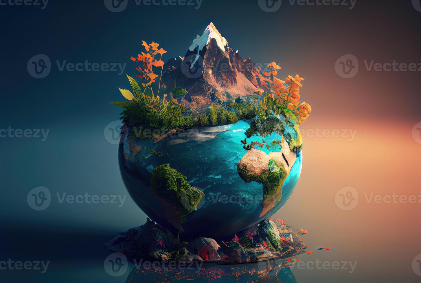 Beautiful Blue globe on the ground with decorating in summer season background. Beauty in nature and World Earth Day concept. photo