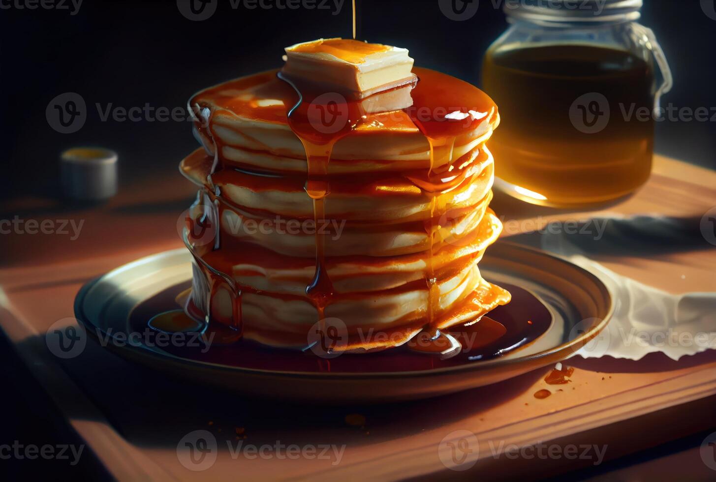 Buttermilk Pancakes in dish on the dinning table. Sweet dessert and recipe concept. photo