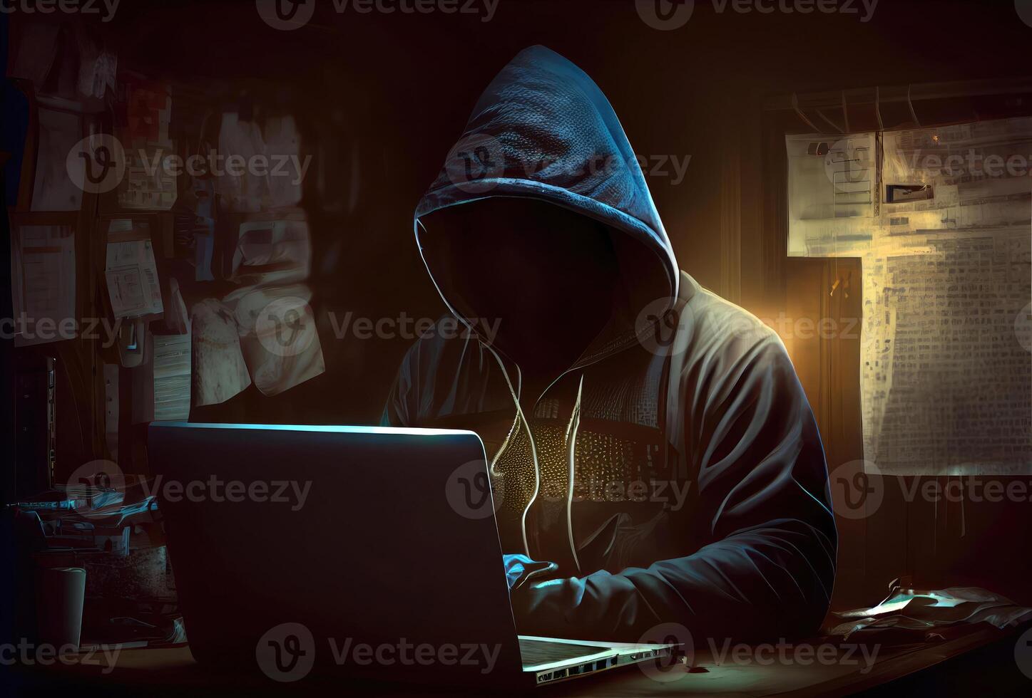 Hacker in the black hood in the server room. Unrecognizable people. Technology and Cybersecurity and Criminal concept. photo