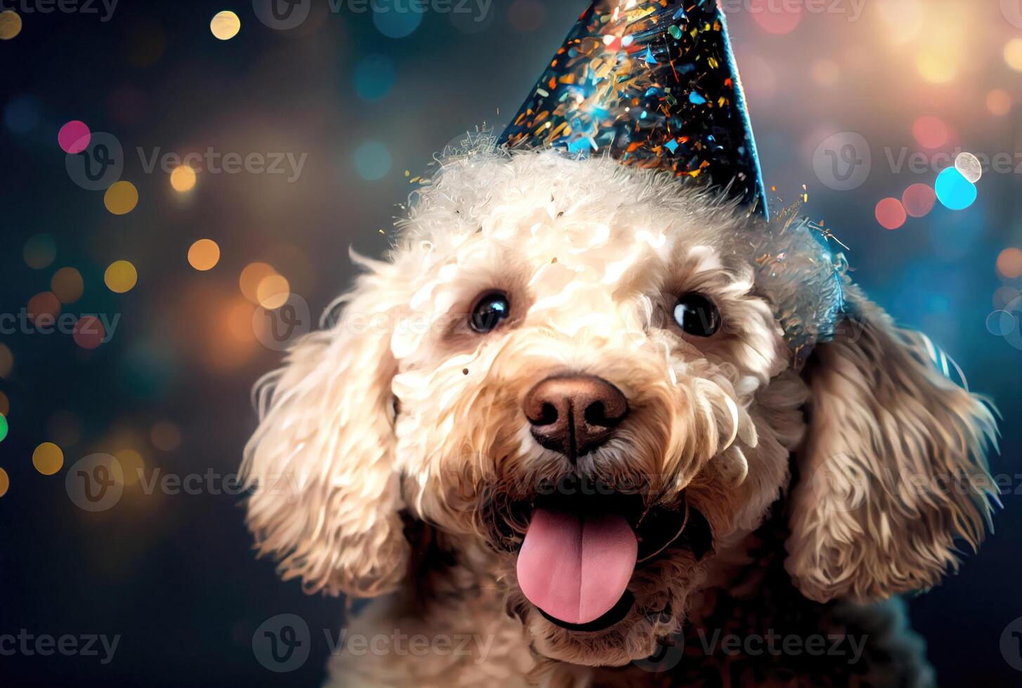 Closeup of portrait happy Poodle do wearing party hat for celebration with bokeh background. Animal and pet concept. photo