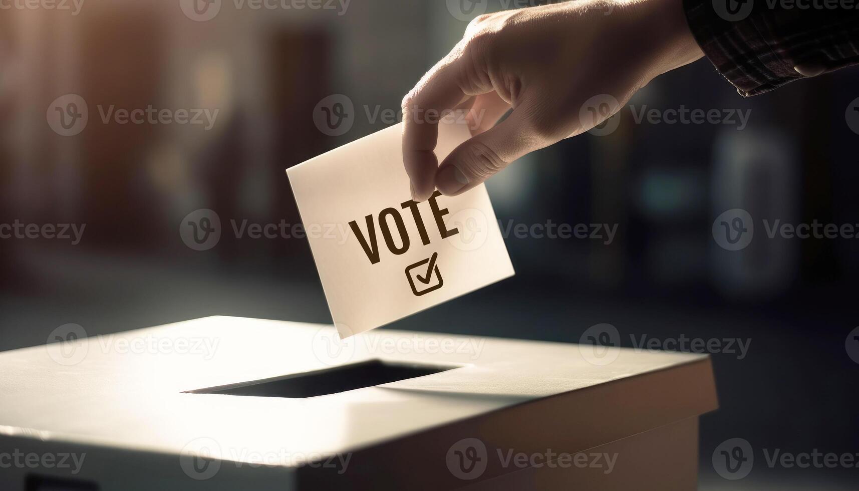 Closeup of people hand dropping paper into the election box to vote for their favorite politician to be prime minister. Democracy and Politics concept. photo