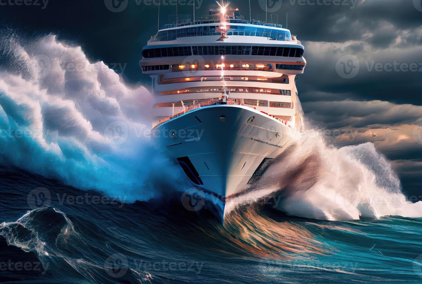 Cruise ship encounters huge waves and raging storms. Transportation and Nature concept. photo
