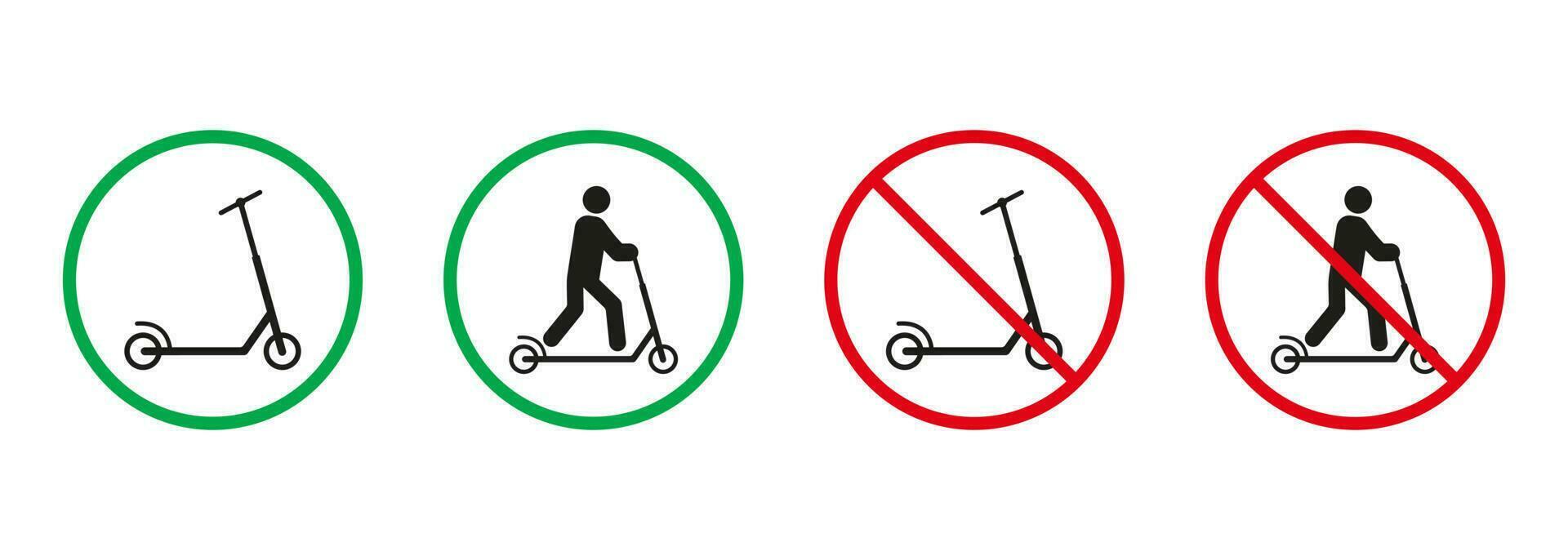 hombre en patada scooter rojo y verde señales. persona en trotinette silueta íconos colocar. permitido y prohibido entrada con eco transporte pictograma. aislado vector ilustración.