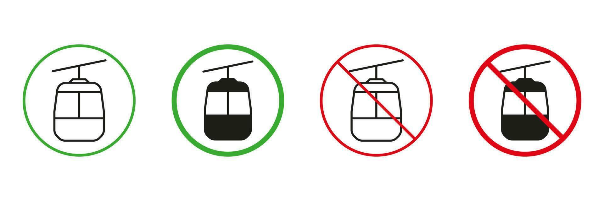 Cable Car Line and Silhouette Icons Set. Mountain Gondola Red and Green Road Signs. Permit and Not Allowed Cableway Transportation Symbol Collection. Isolated Vector Illustration.