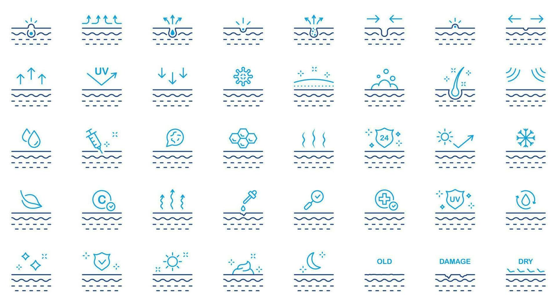 Skincare Beauty Line Icon Set. Dermatology Medical Skin Care Linear Pictogram. Facial Clean Moisture, UV Sunscreen Protect Color Icon. Dry, Damage Skin. Editable Stroke. Isolated Vector Illustration.