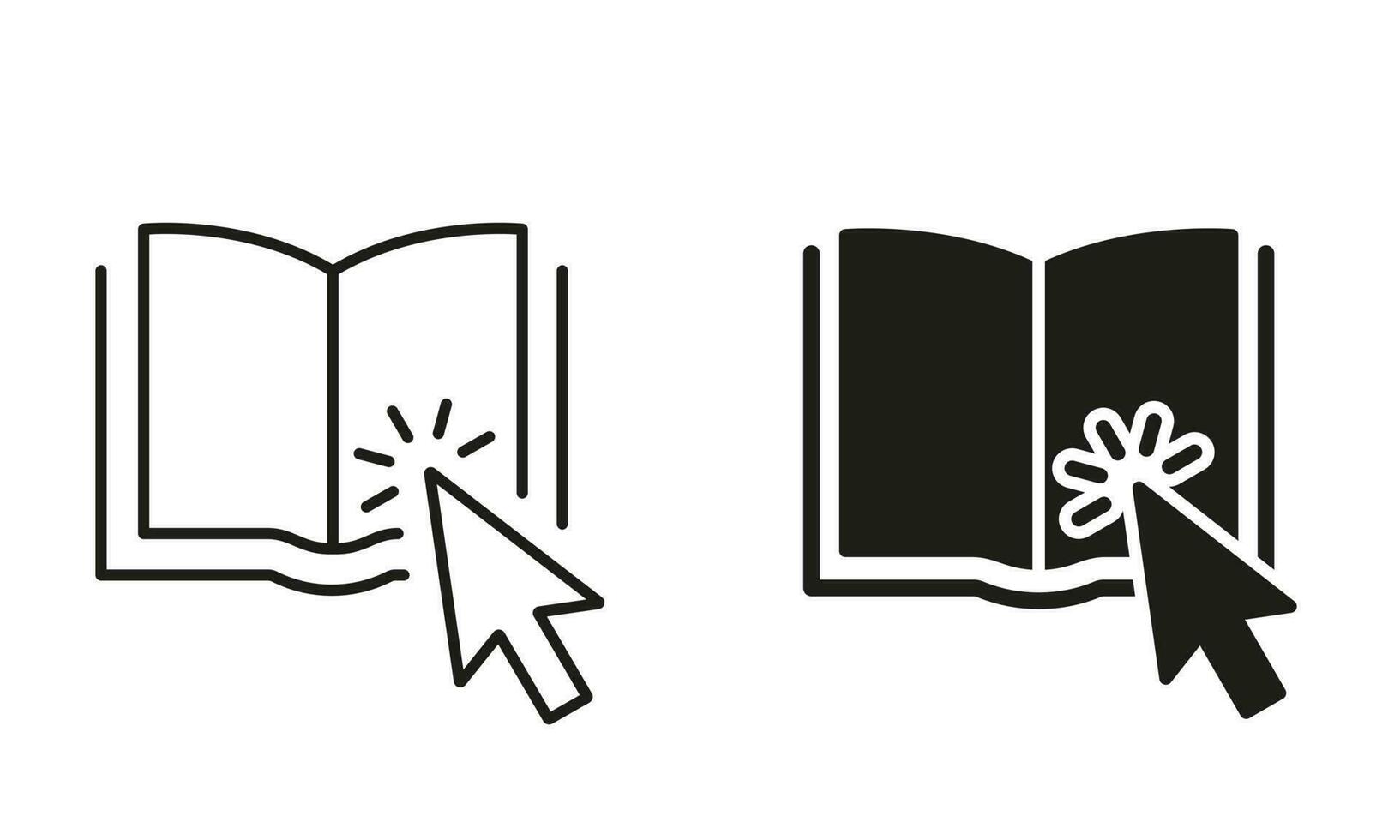 Online Library Application Silhouette and Line Icon Set. Mouse Pointer with Open E-book. Electronic Book for Education and Learning. Choice and Download Online Book. Isolated Vector Illustration.