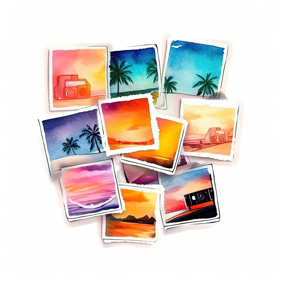 Watercolor stack of instant photos with summer theme. Illustration