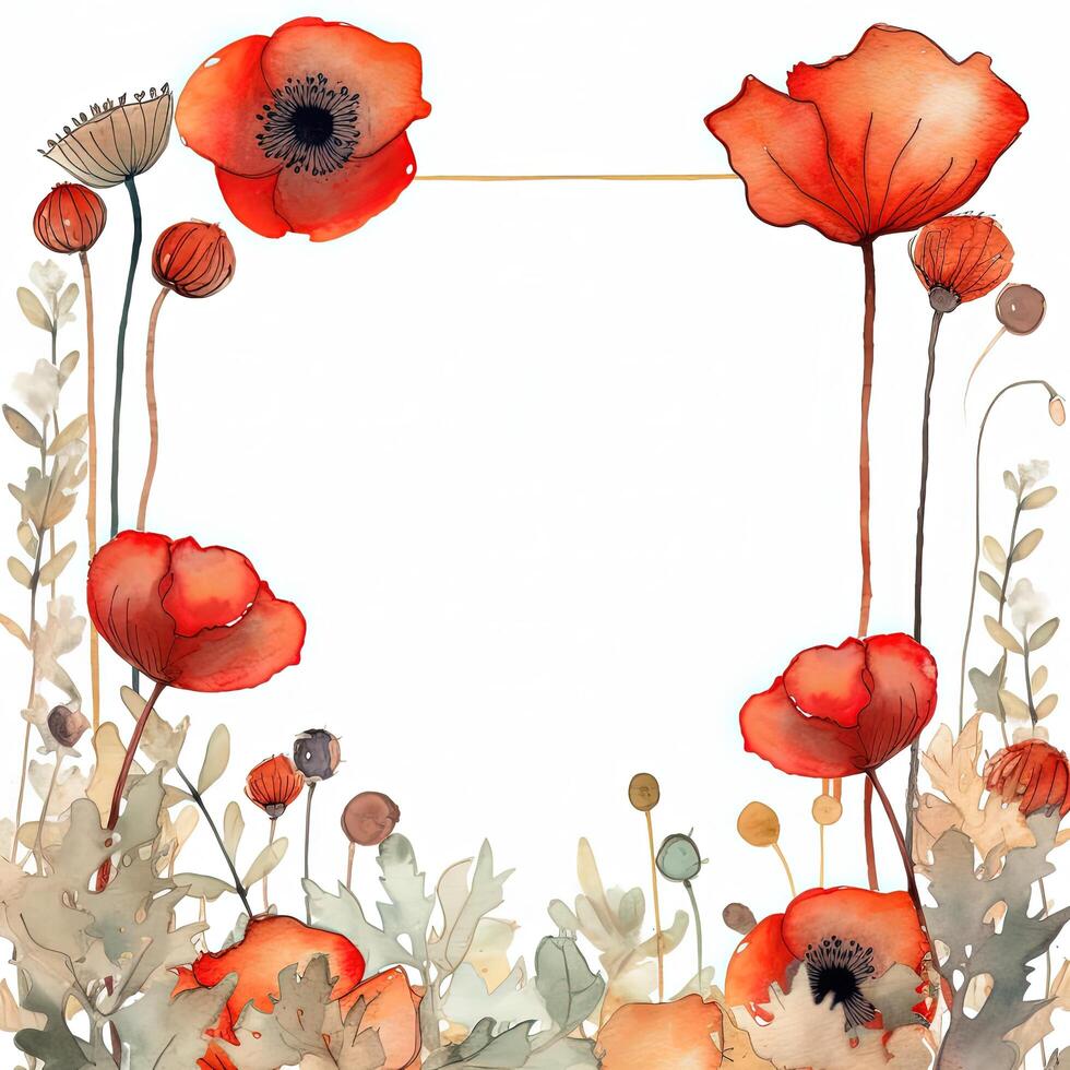 Red watercolor poppy flower frame. Illustration photo