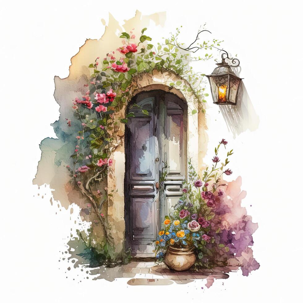 Cozy door with flowers watercolor. Illustration photo