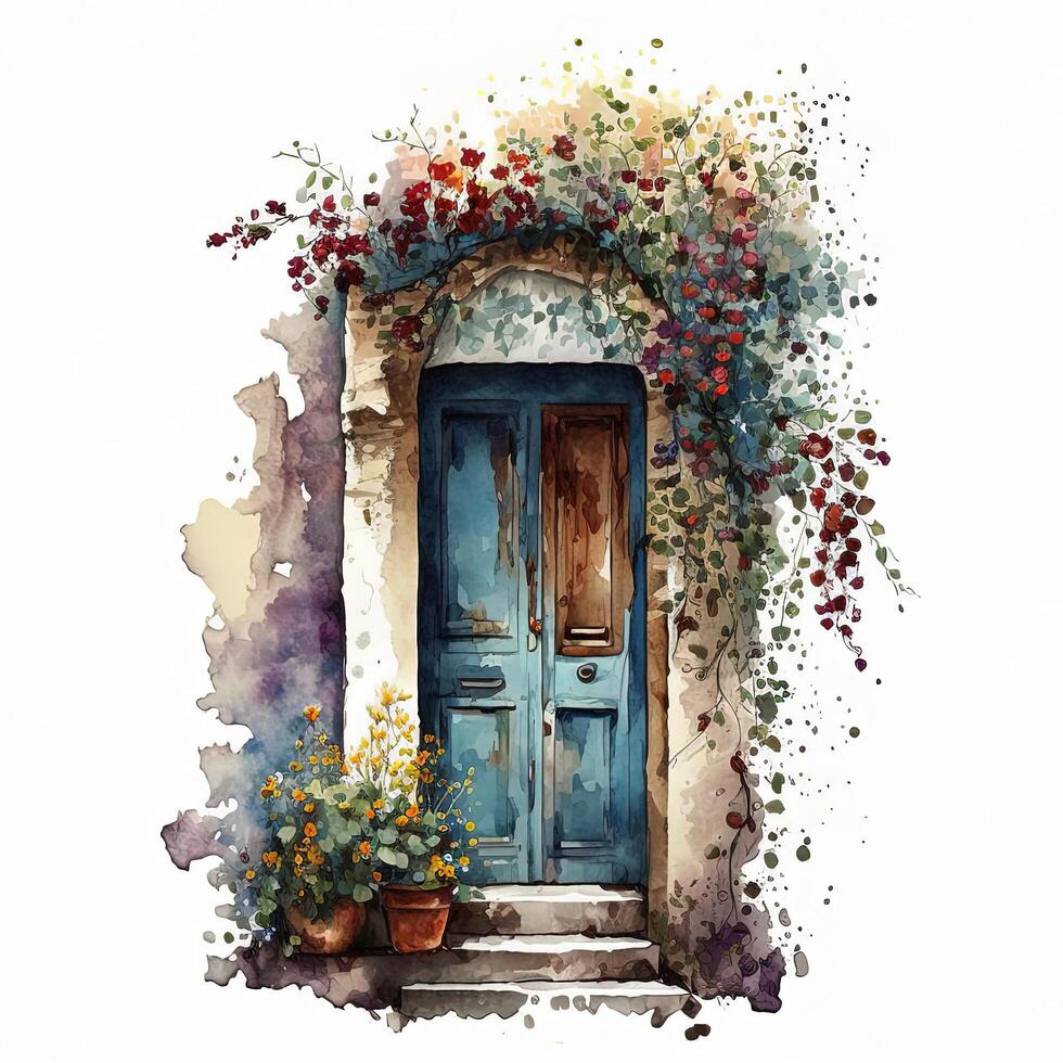 Cozy door with flowers watercolor. Illustration photo