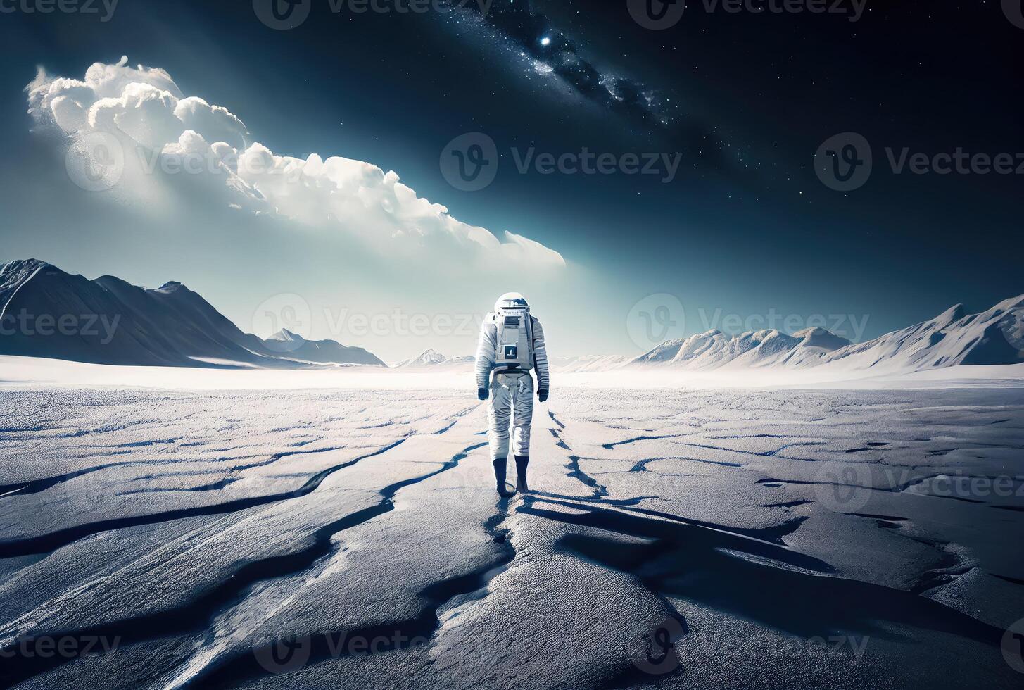 Back view of astronaut with moon in the outer space background. People and Science technology concept. Digital art illustration theme. photo