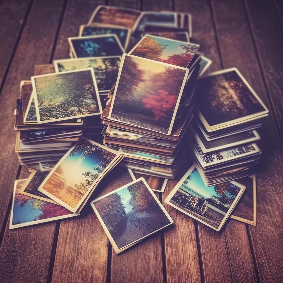 A stack of instant photos with summer theme. Illustration