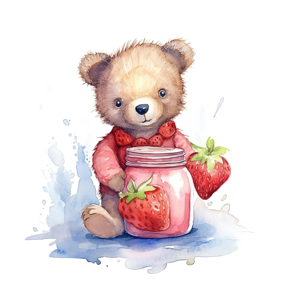 Watercolor bear with jam jar. Illustration photo