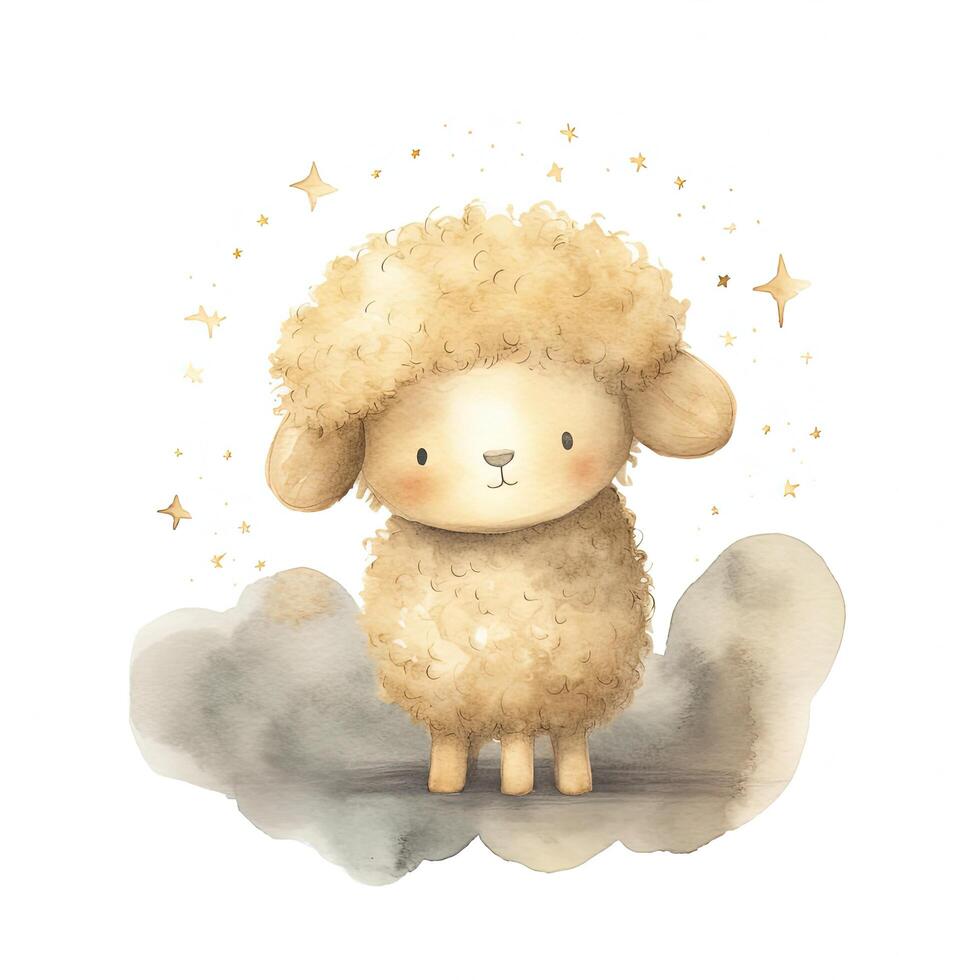 Cute watercolor night sheep and moon. Illustration photo