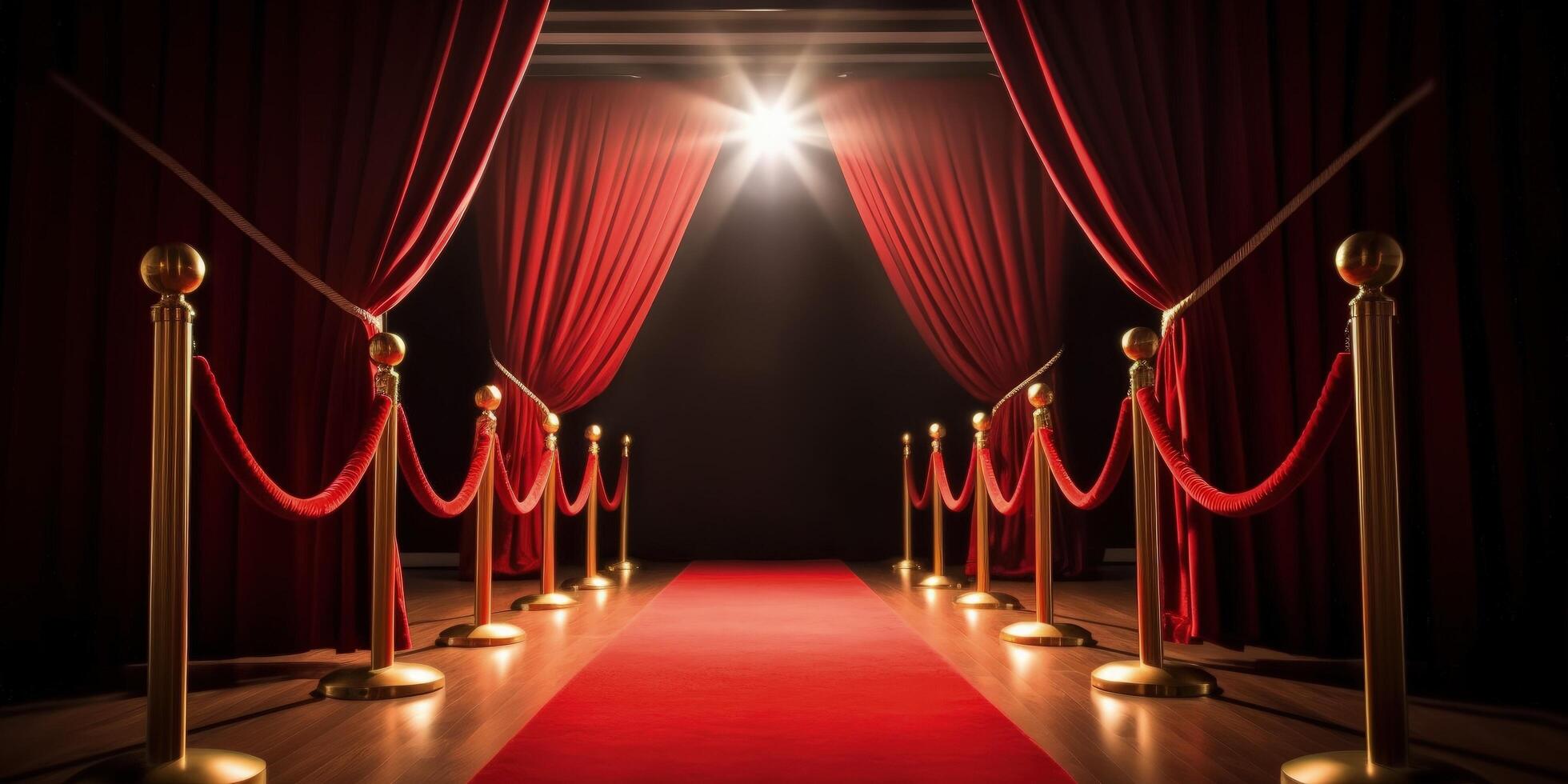 Red carpet, rope barriers and spot lights behind curtains indoors Illustration photo